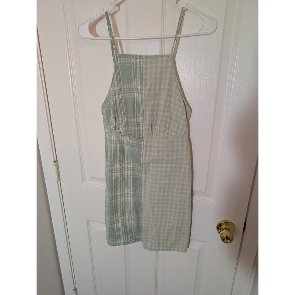 AE American Eagle Plaid Mix Cami Mini Dress Green‎ White Sz Small Cotton - Picture 2 of 5